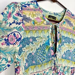 🦚 LANCE CADE Boho Peacock Tie Front Dress Floral Bohemian Beachy Size Medium